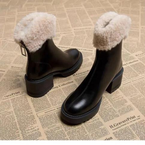 Pu Mid Calf Modern Boots 2024 Brand Square Heel Shoes For Women Short Plush Round Toe Mid Heel Turned Over Edge Women's 