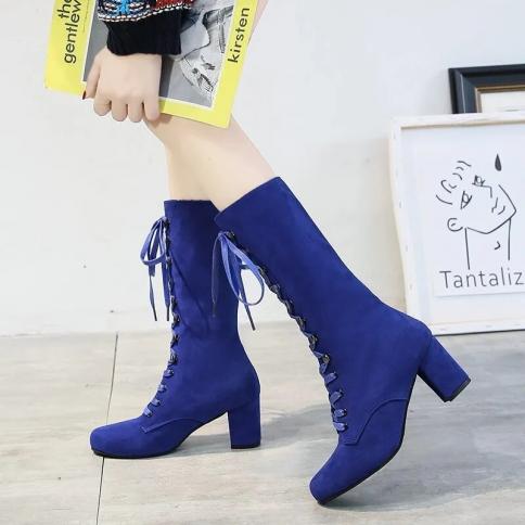 2024 Sale Winter Knee High Rubber Modern Boots For Women Hot Solid  Lace Up Square Heel  Ladies Shoes Cross Tied Round T