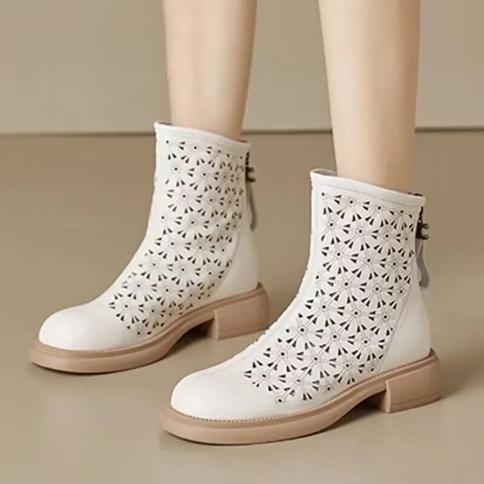 Women's Boots 2023 Spring And Autumn Mid Length Boots Fashion Hollow Out Square Heel Solid Color Hot Selling Women's Sho