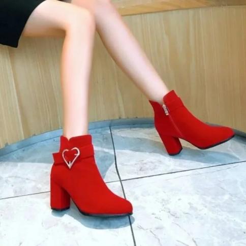 2023 Hot Sale Square Heel Ladies Shoes Cow Suede  Ankle Modern Boots Winter Adult Round Toe Metal Decoration Large Size 