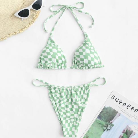  Geometric Lattice Swimwear Halter Triangle Bikini Set For Women 2024 Micro Thong Swimsuits Green Bathing Suit Bikinis M