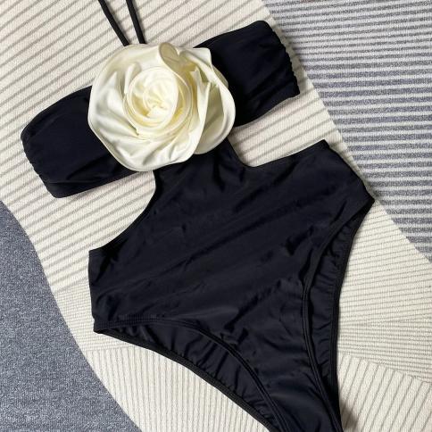 Flower Halter Balck Swimwears Women One Piece Cut Out Swimsuit High Cut Bathing Suit Monokini Swimming Suit Beach Swim 