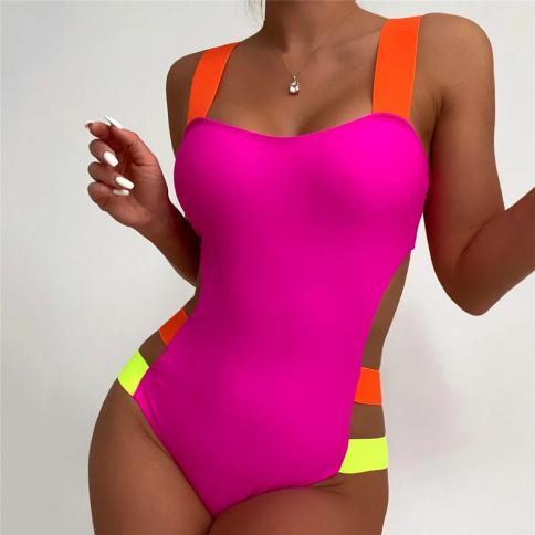  Rose Red Bandage Swimwear One Piece Swimsuit Woman 2024 Cut Out Monokini Bathers Patchwork Swimming Suit For Women Body