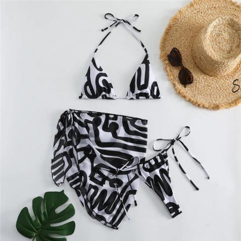  Zebra Striped Halter Triangle Bikini Set 3 Piece Micro Thong Swimsuit With Sarong Cover Up Women Swimwear Beachwear Bik