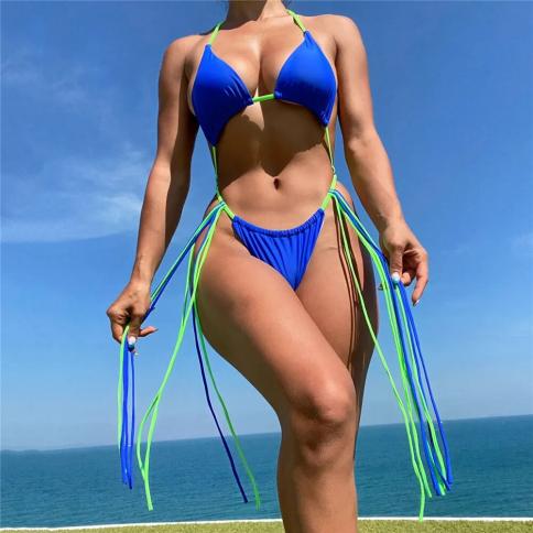  Blue Tassels Momokini Backless Swimsuit Women One Piece Simwear Female 2024 String Halter Bathing Suit Bathers Beach We