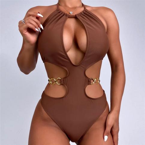  Brown Backless Cut Out Swimsuits Monokini Women One Piece Swimwear Metal Ring String Halter Bathing Swimming Suit Bathe