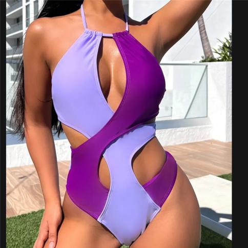  Purple Patchwork Halter Swimsuit Women 2024 One Piece Swimwear Hollow Out Monokini High Cut Bathing Suits Bathers Swim 
