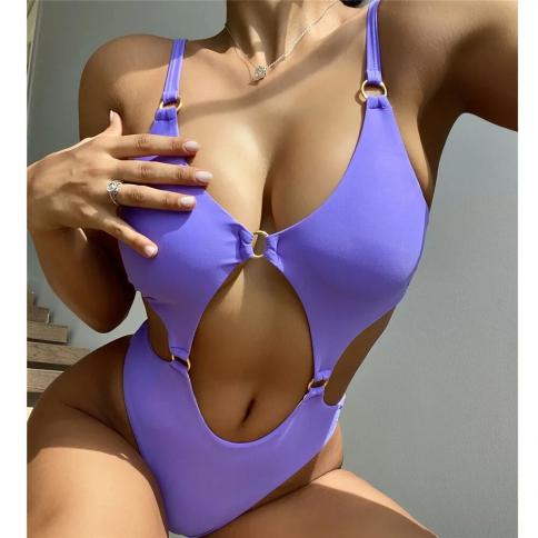  Purple Swimwear Women One Piece Swimsuits Cut Out Monokini Backless Ring Linked Swimming Bathing Suits High Cut Bather 