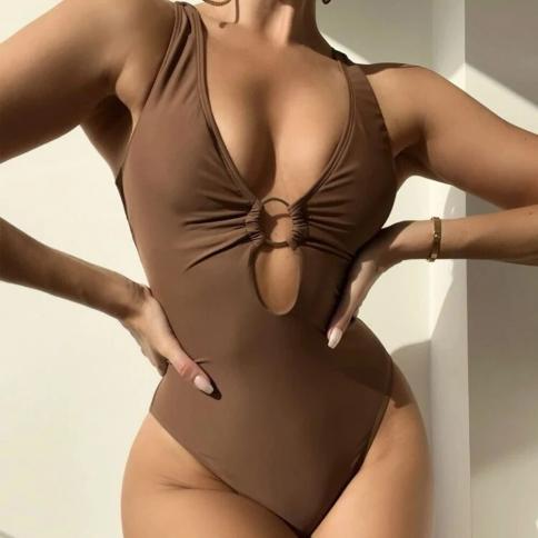  Brown Swimwear One Piece Swimsuit Female 2024 Back Cross Bandage Deep V Neck Cut Out Bathing Swimming Suit For Women Ba
