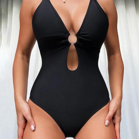  Black Backless Swimsuits Woman 2023 One Piece Swimwear V Neck Hollow Out Bathers Bathing Suits Monokini Swim Beach Wear