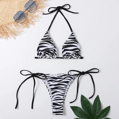 Zebra Striped Halter Triangle Bikinis Set Swimwear Women Micro Thong Swimsuits Bikini 2023 Mujer String Swimming Suit Bi