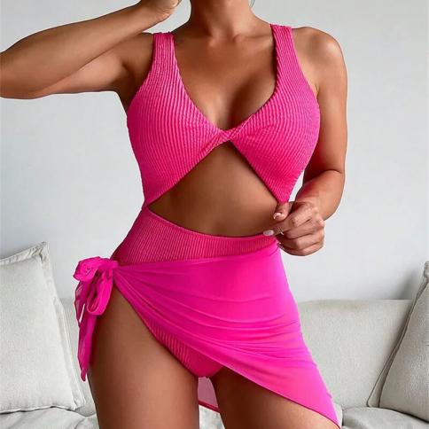  Rose Red Ribbed Swimwear Women One Piece Cut Out Swimsuits With Mesh Sarong Monokini Bahter Bathing Suit Swim Beach Wea