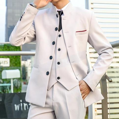 2023 אופנה חדשה לגברים קז'ואל בוטיק צבע אחיד חליפה דקה סטנד אפ צווארון סט 3 חלקים בלייזרים ז'קט מכנסיים מעיל מכנסיים