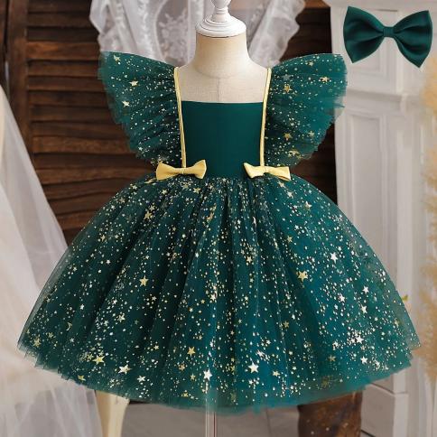 Vestido infantil de natal com lantejoulas verdes, tutu de tule elegante, vestido de festa de aniversário infantil, vestido de me