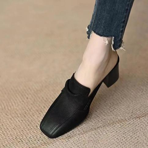 2023 Summer Women Shoes Pu Leather Mules Shoes Women Simple Retro Women Slippers Chunky Heel Shoes Square Toe Slippers M