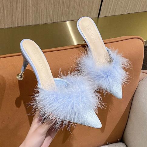 Fur Slippers Woman High Thin Heels Woman Shoes  Pointed Toe Outdoor Slides Fashion Summer House Slippers Flip Flops Sand