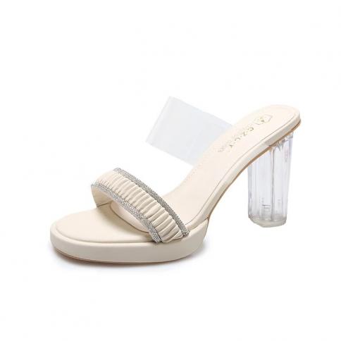Bling Crystal High Heels Platform Slides Women  Transparent Square Heel Slippers Woman New Summer 2023 Sandals For Femal