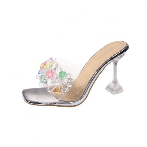 2023 Women Summer Slippers High Heels Slides Lady Cinderella Crystal Diamond Transparent Slippers Sandals Clear Heels Pv