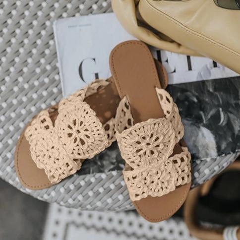 Summer Crochet Sandals Women Slippers Mesh Flower Slides Open Toe Sweet Flat Slippers Female Casual Beach Flip Flops Sho
