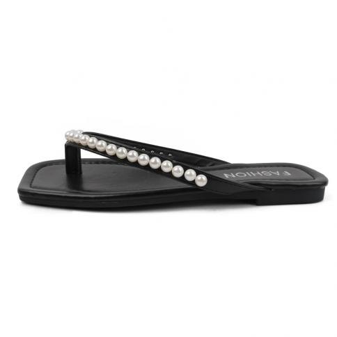Women's Slippers Summer Outdoor Sandals Fashion 2023 New Pearl Rhinestone Square Toe Flat Bead Non Slip Flip Flops
