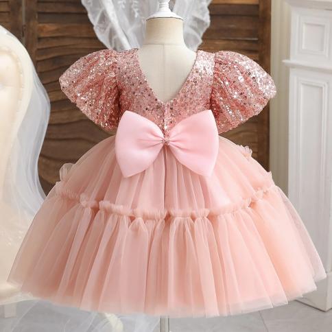 Toddler Baby Sequin Party Dresses Baptism Wedding 1 Year Birthday Bow Princess Dress For Baby Girl Tulle Bridemaid Gown 