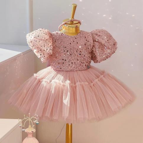Cute Girl Pink Fluffy Princess Dress Flower Girls Sequined Dresses For Wedding 15t Kids Birthday Party Puff Sleeve Tulle