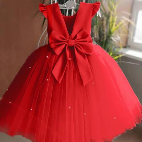 Toddler Baby Girl Red Christmas Dress Elegant Kids Birthday Party Tutu Clothe V Back Flower Girl Dress For Wedding Princ