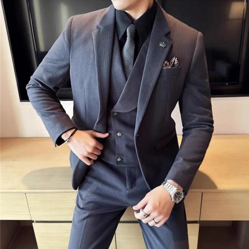2023 Fashion New Men Blazers Boutique Business Plaid Wool Striped Wedding Host Suit 3 Pcs Dress Jacket Coat Vest Pants T