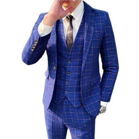 2023 New Arrival Men Business Casual Slim Plaid Fit Suit Jacket Coat Male High Quality Wedding 3 Pieces Set Blazes Pant 