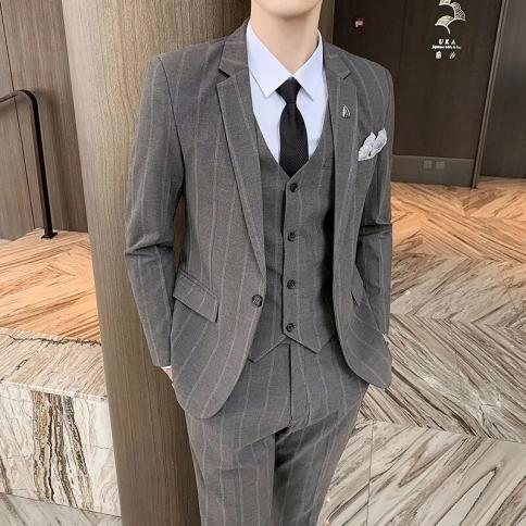 2023 Fashion New Men's Casual Boutique Business Striped Slim Groom Wedding  Formal Suit Male Blazers Jacket Pants Vest T