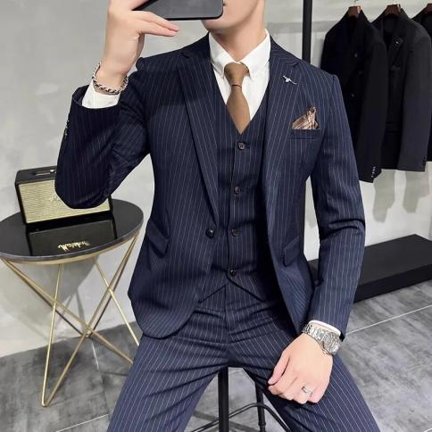 2023 moda nova masculina casual boutique negócios listrado fino ajuste vestido de casamento terno conjunto casaco masculino 3 pç