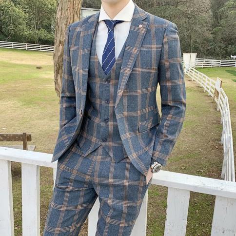 3 pçs conjuntos de terno jaqueta calças colete/2023 moda masculina casual boutique negócios fino xadrez vestido formal blazers c