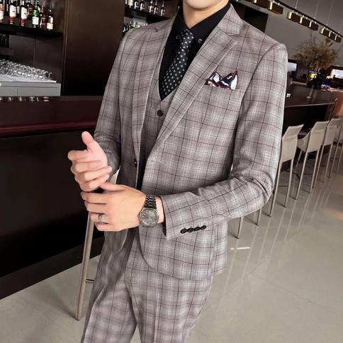 2023 Fashion New Men Casual Boutique Business Plaid Slim Suit 3 Pcs Set / Male Fit Dress Blazers Jacket Coat Trousers Pa