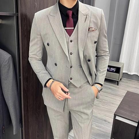 New Men's Suit Three Piece Business Casual British Striped Plus Size Male Double Breasted Dress Blazers Jacket Pants Ves