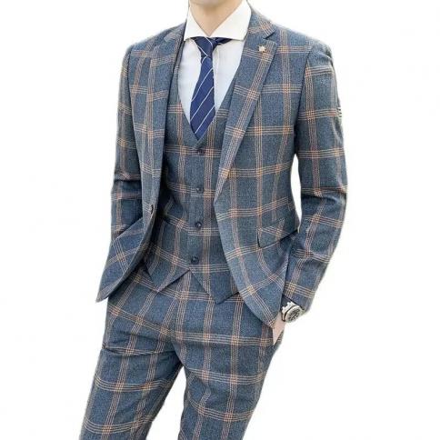 Men's Business Fashion Casual Single Breasted Blazers Trousrers Suits / Male Plaid Jacket Blazers Coat Vest Pants 3 Piec