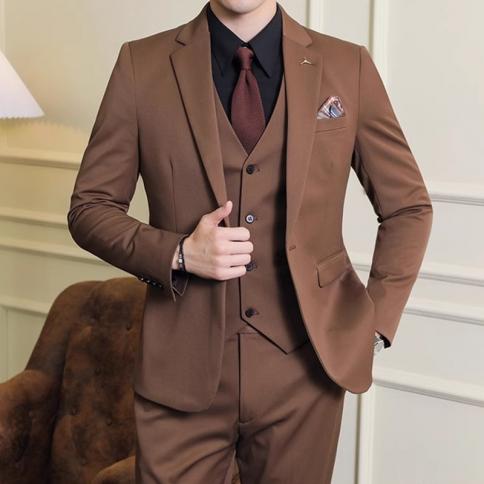 2023 Fashion New Men Leisure Boutique Business Solid Color Slim Wedding Suit / Male Solid Color 3 Pcs Blazers Jacket Pan