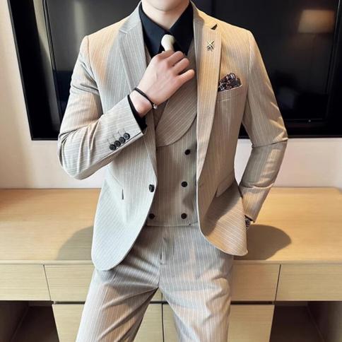 2023 Fashion New Men Casual Boutique Business Striped Slim Fit Wedding Dress Suit Coat Set Male 3 Pcs Blazers Jacket Pan
