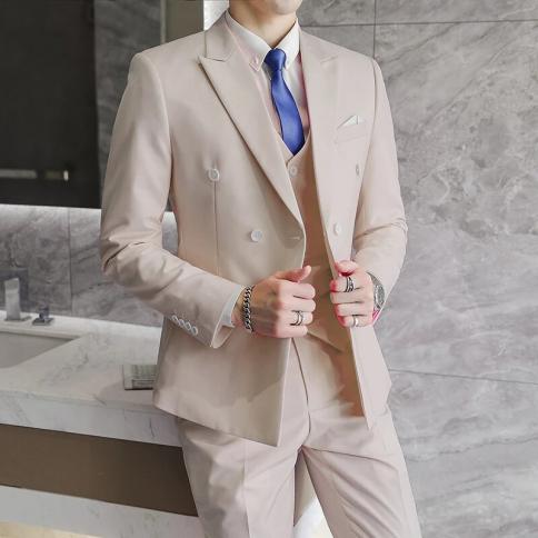 Men's Slim Fit Business Solid Color High Quality Double Breasted Plus Size Three Piece Suit Coat Vest Pants Set Blazers 