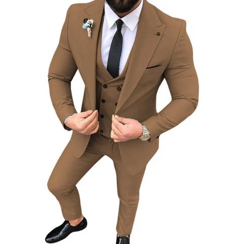 Blazers Men's Fashion Banquet Slim 3 Piece Suit Set / Male Business Solid Color Jacket Pants Trousers Double Breasted Ve