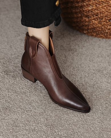 Retro Brown Western Cowboy Boots Women's Autumn And Winter Single Boots Cowhide Thick Heel Martin Boots Pointed Toe Medi