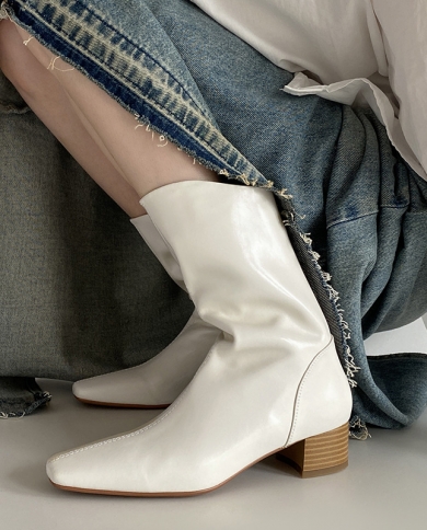 Internet Celebrity White Slip-on Mid-calf Boots For Women New Small Square Toe Retro Thick Mid-heel Western Cowboy Boots