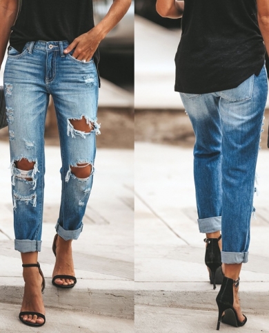מכירה ישירה במפעל מכנסי ג'ינס ישרים עם קרעים רטרו לנשים עם רגליים קרועות מכנסי קבצן במלאי