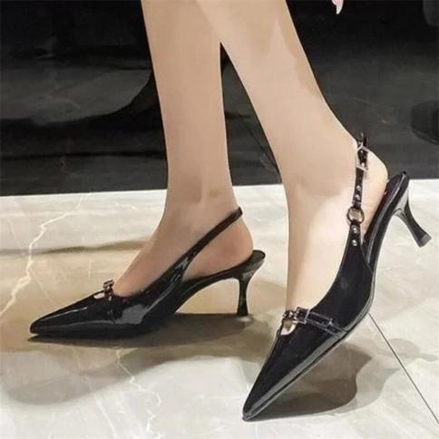 Temperament Black Pointed Kitten Heel Slim Heel Button Strap Baotou Sandals Female Summer