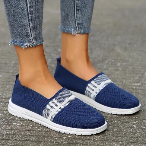 Mix Color Striped Knitted Flats Women Breathable Mesh Soft Sole 2024 Spring Non Slip Casual Walking Shoes 43