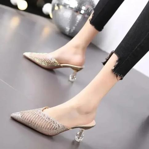 2024 רשת יהלום חדשה עם קצה חצי נעלי בית נשים אופנה נעלי נשים קריסטל מחודדות סנדלי עקבים גבוהים