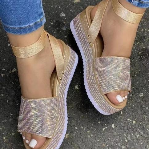 Women's Sandals Fashion Rhinestone Wedge Sandals Ladies Summer New High Heels Platform Shoes Outdoor Open Toe Casual San