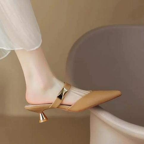 Women Kitten Heels Mules Golden Rivet Pointed Toe Summer Sandals Fashion Beige Ladies Casual Med Heels Shoes