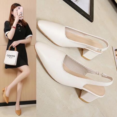 2024 New Women Pumps Pointed Thick High Heels Women's Baotou Sandals Back Hollow Shallow Ladies Shoes Solid Slip On Heel