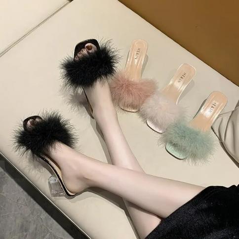 נשים קיץ אופנה חיצונית נעלי עקב מרובע אצבע נעלי משרד נשים נוצות שיק קלאסיקות נעלי פרוות