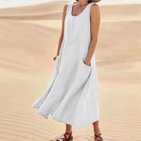 Cotton Linen Sleeveless Dress For Women Summer Pullover Skirt Vestidos Fashion Female Clothing Short Sleeved Loose Long 
